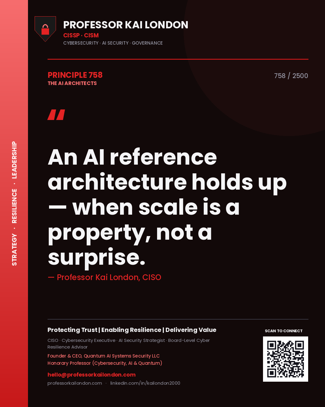 Quote card by Professor Kai London reading 'An AI reference architecture holds up — when scale is a property, not a surprise.'. From the book The AI Architects.
