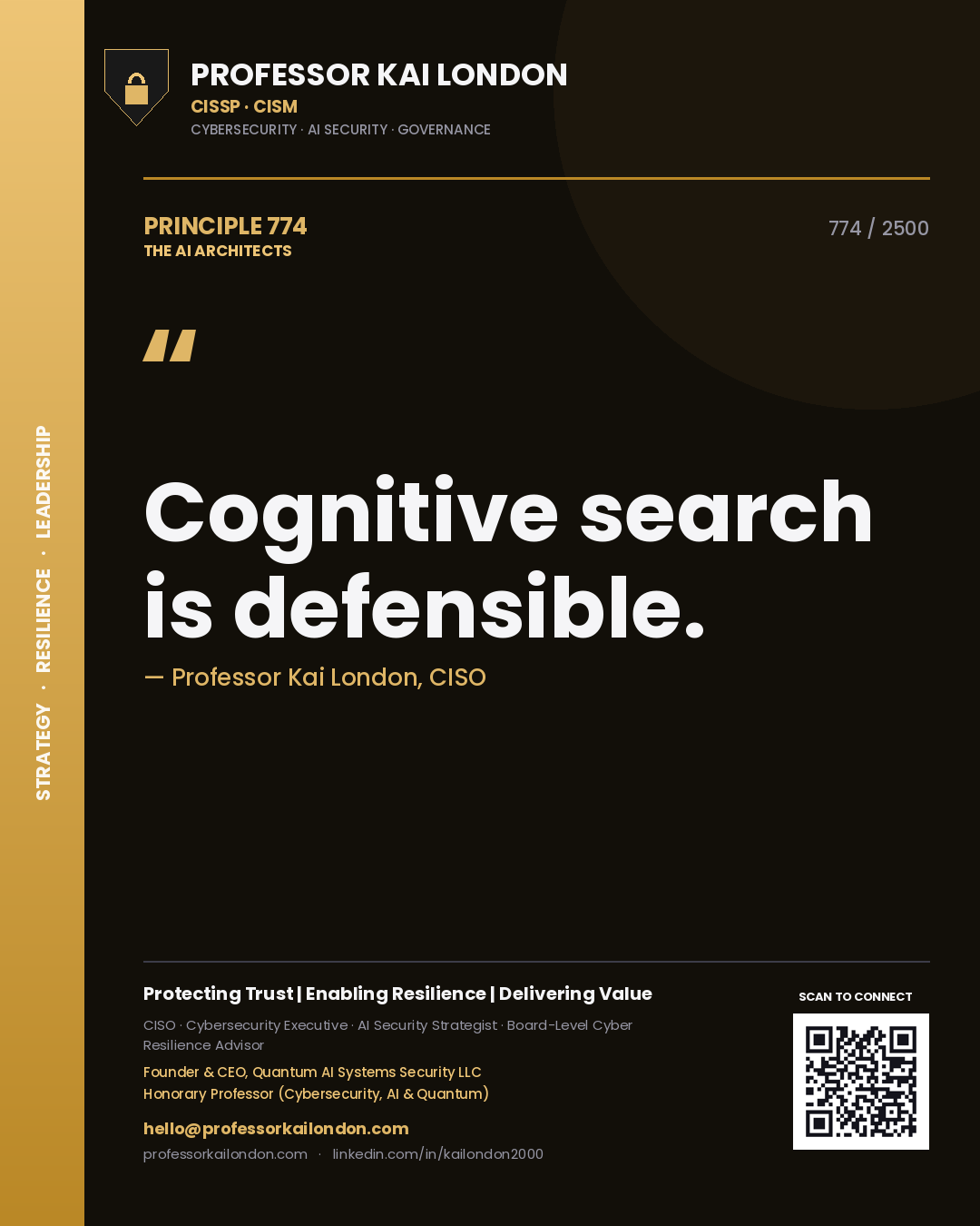 Quote card by Professor Kai London reading 'Cognitive search is defensible.'. From the book The AI Architects.