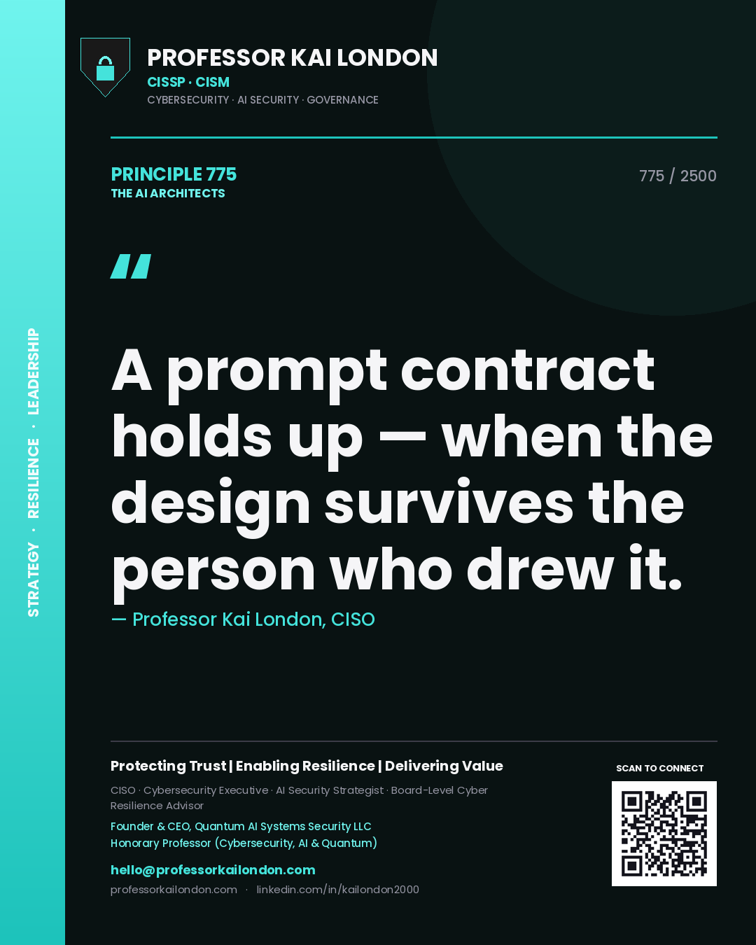 Quote card by Professor Kai London reading 'A prompt contract holds up — when the design survives the person who drew it.'. From the book The AI Architects.