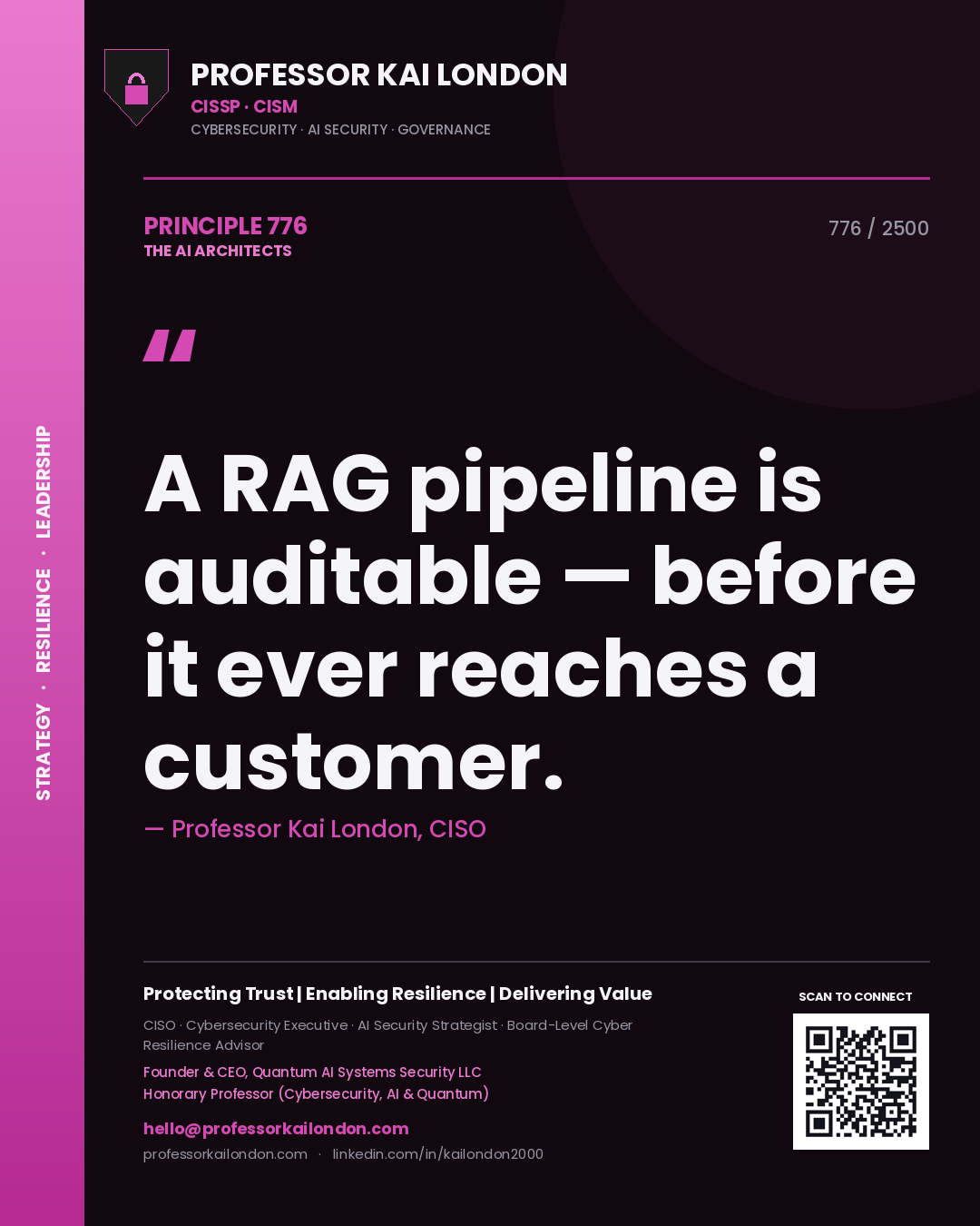 Quote card by Professor Kai London reading 'A RAG pipeline is auditable — before it ever reaches a customer.'. From the book The AI Architects.