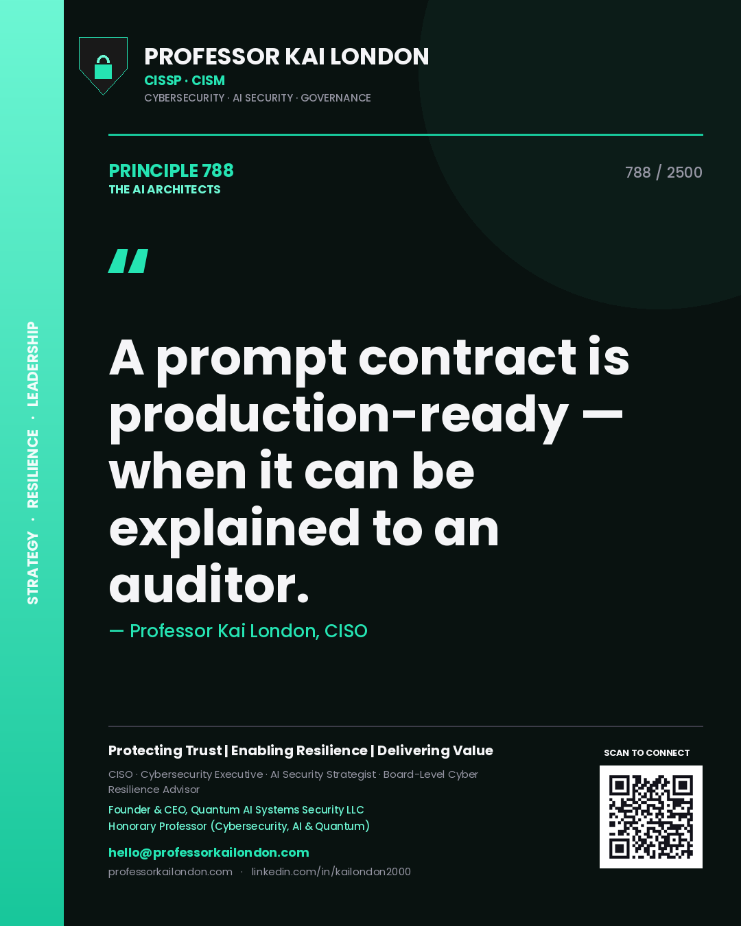 Quote card by Professor Kai London reading 'A prompt contract is production-ready — when it can be explained to an auditor.'. From the book The AI Architects.