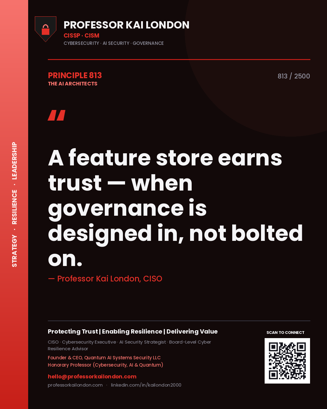 Quote card by Professor Kai London reading 'A feature store earns trust — when governance is designed in, not bolted on.'. From the book The AI Architects.