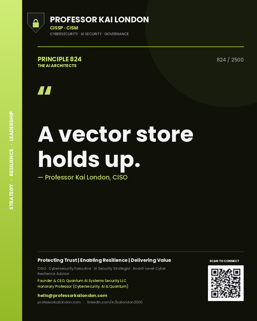 Quote card by Professor Kai London reading 'A vector store holds up.'. From the book The AI Architects.