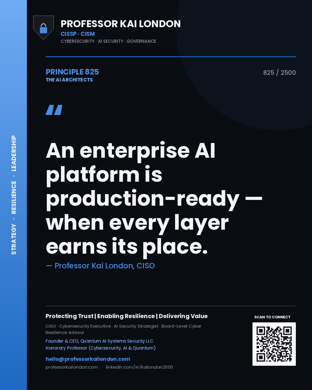 Professor Kai London principle 825: An enterprise AI platform is production-ready — when every layer earns its place.