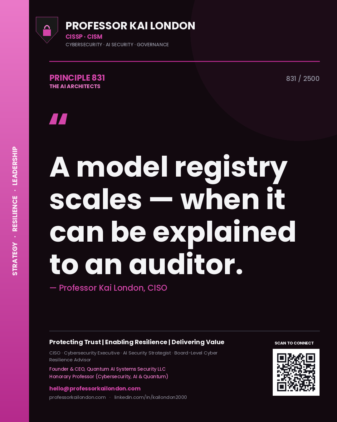 Professor Kai London principle 831: A model registry scales — when it can be explained to an auditor.