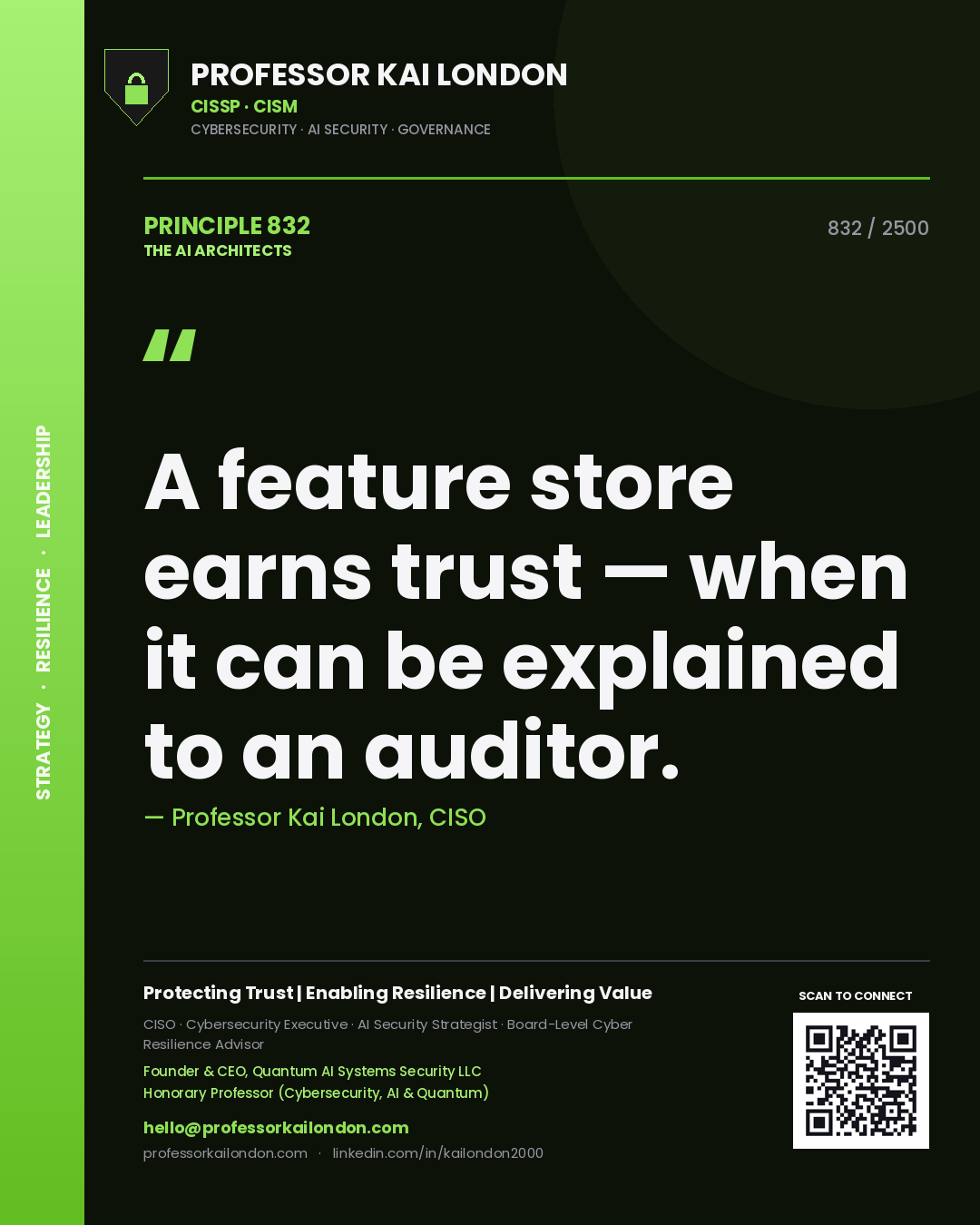 Professor Kai London principle 832: A feature store earns trust — when it can be explained to an auditor.