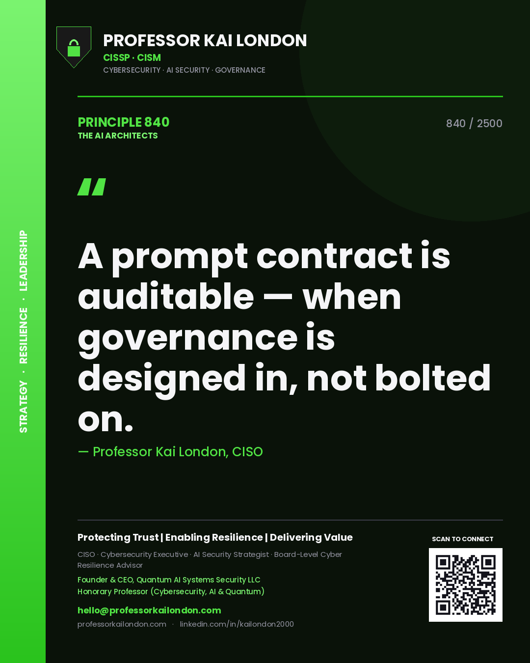 Quote card by Professor Kai London reading 'A prompt contract is auditable — when governance is designed in, not bolted on.'. From the book The AI Architects.