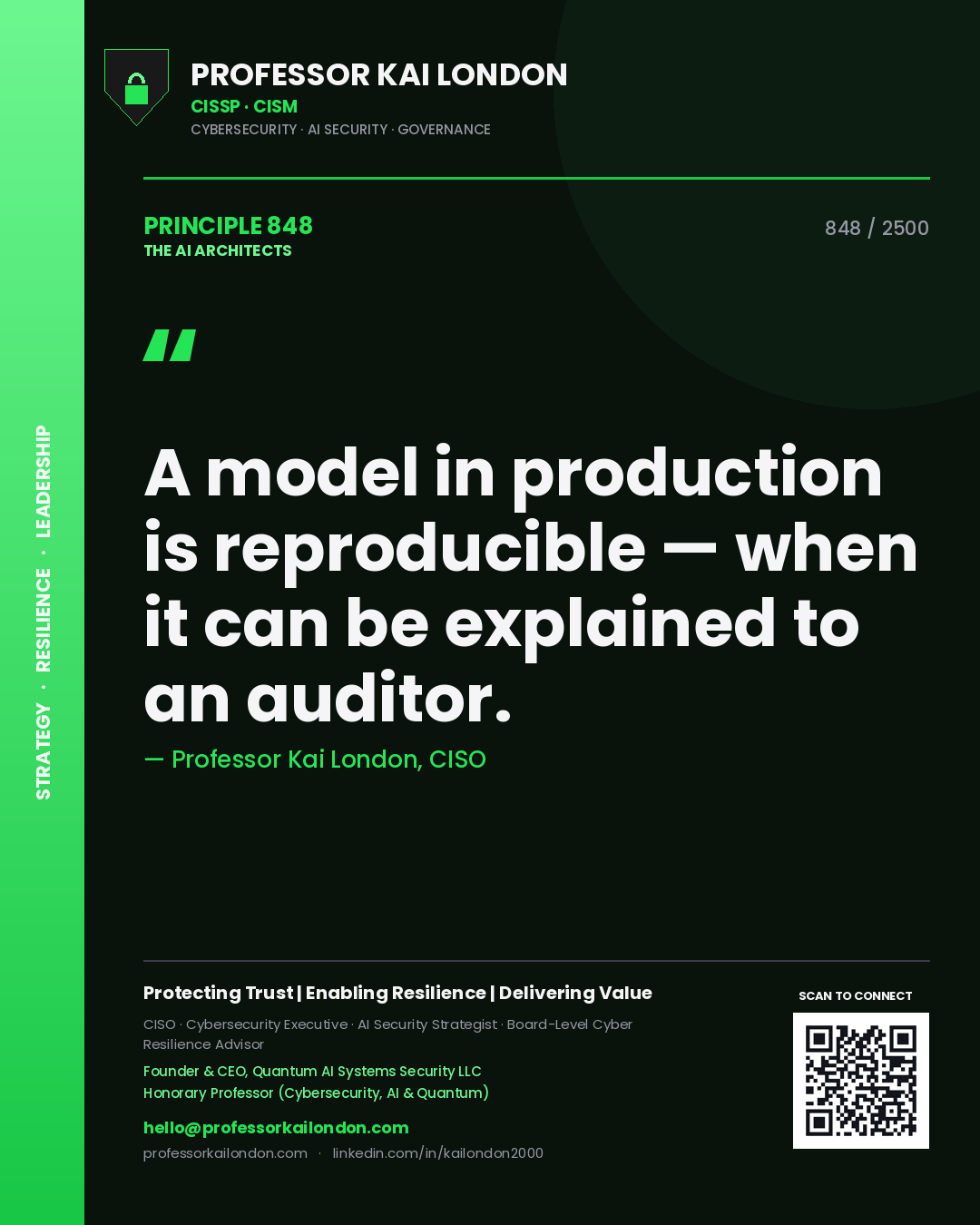 Quote card by Professor Kai London reading 'A model in production is reproducible — when it can be explained to an auditor.'. From the book The AI Architects.