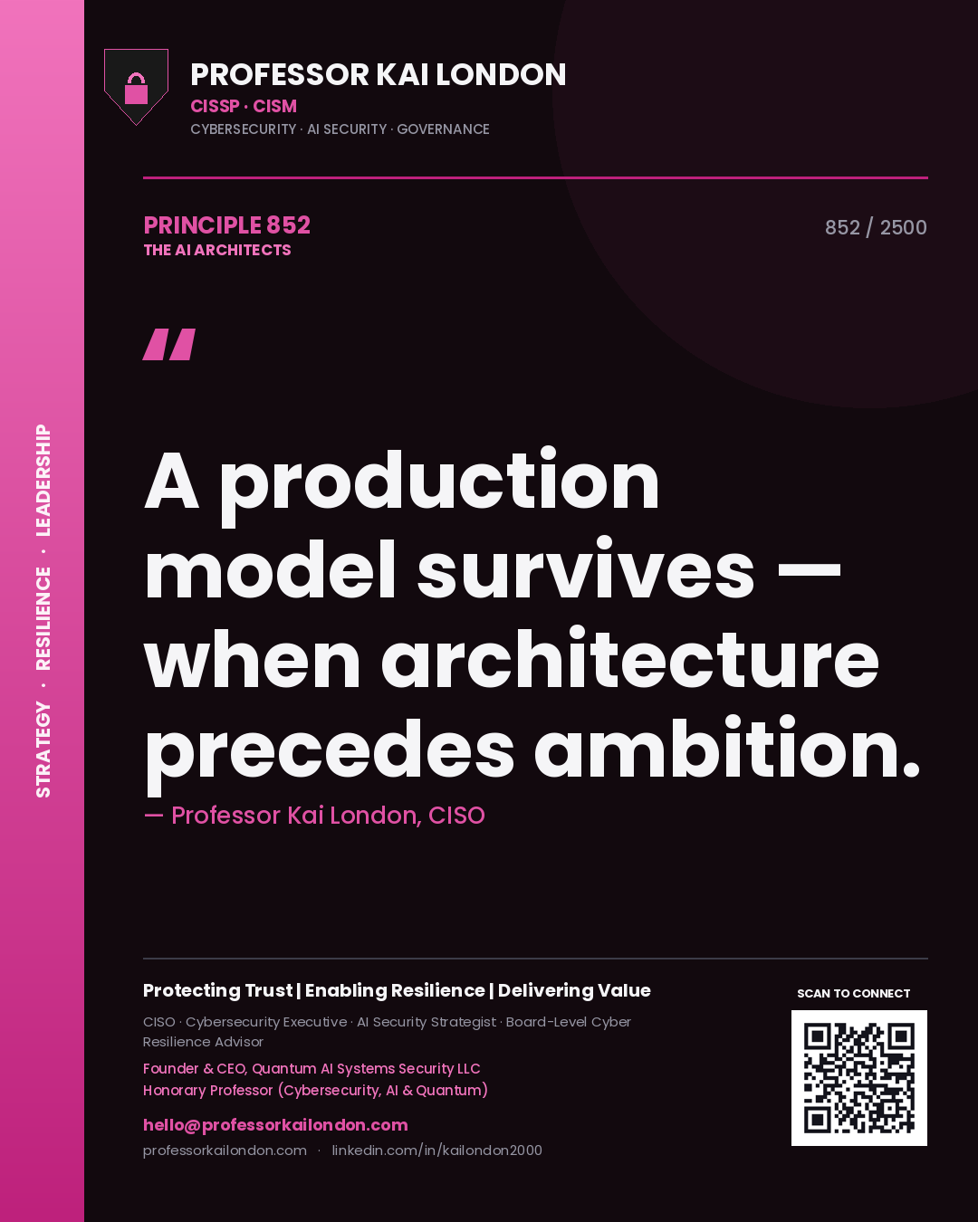 Quote card by Professor Kai London reading 'A production model survives — when architecture precedes ambition.'. From the book The AI Architects.