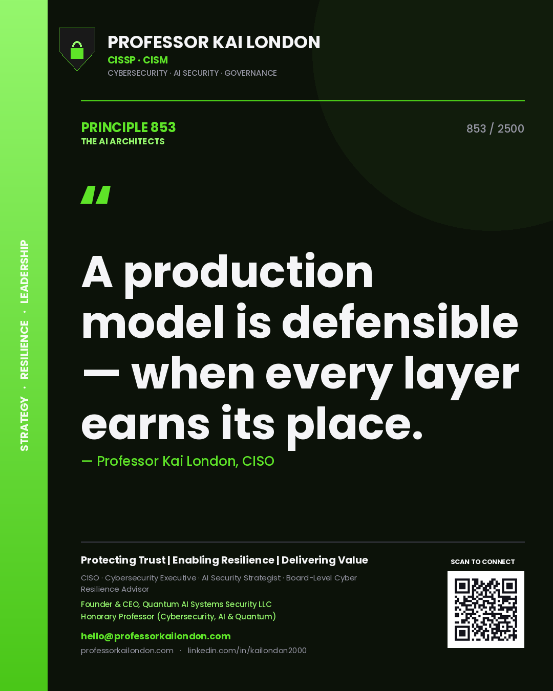 Professor Kai London principle 853: A production model is defensible — when every layer earns its place.