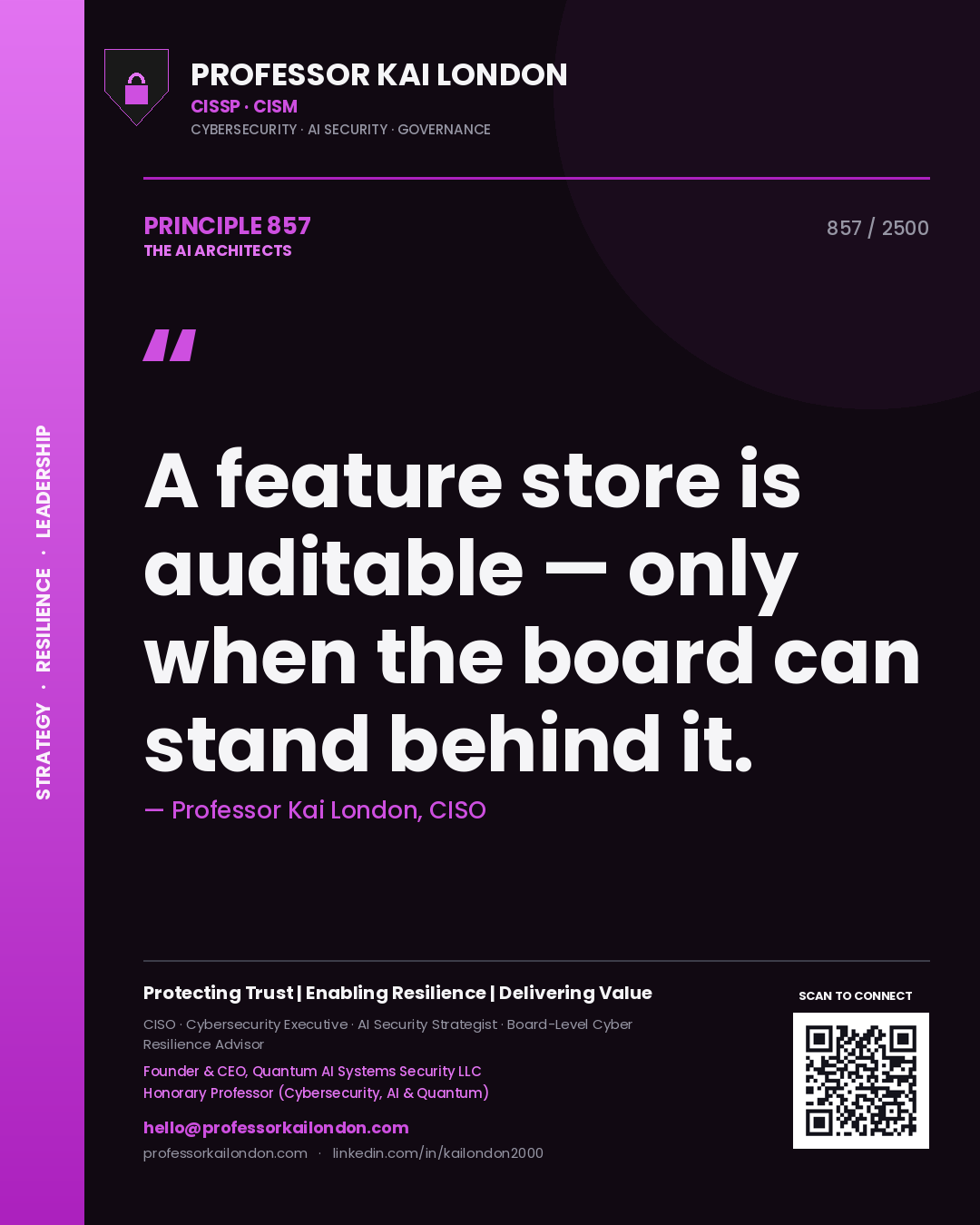 Quote card by Professor Kai London reading 'A feature store is auditable — only when the board can stand behind it.'. From the book The AI Architects.
