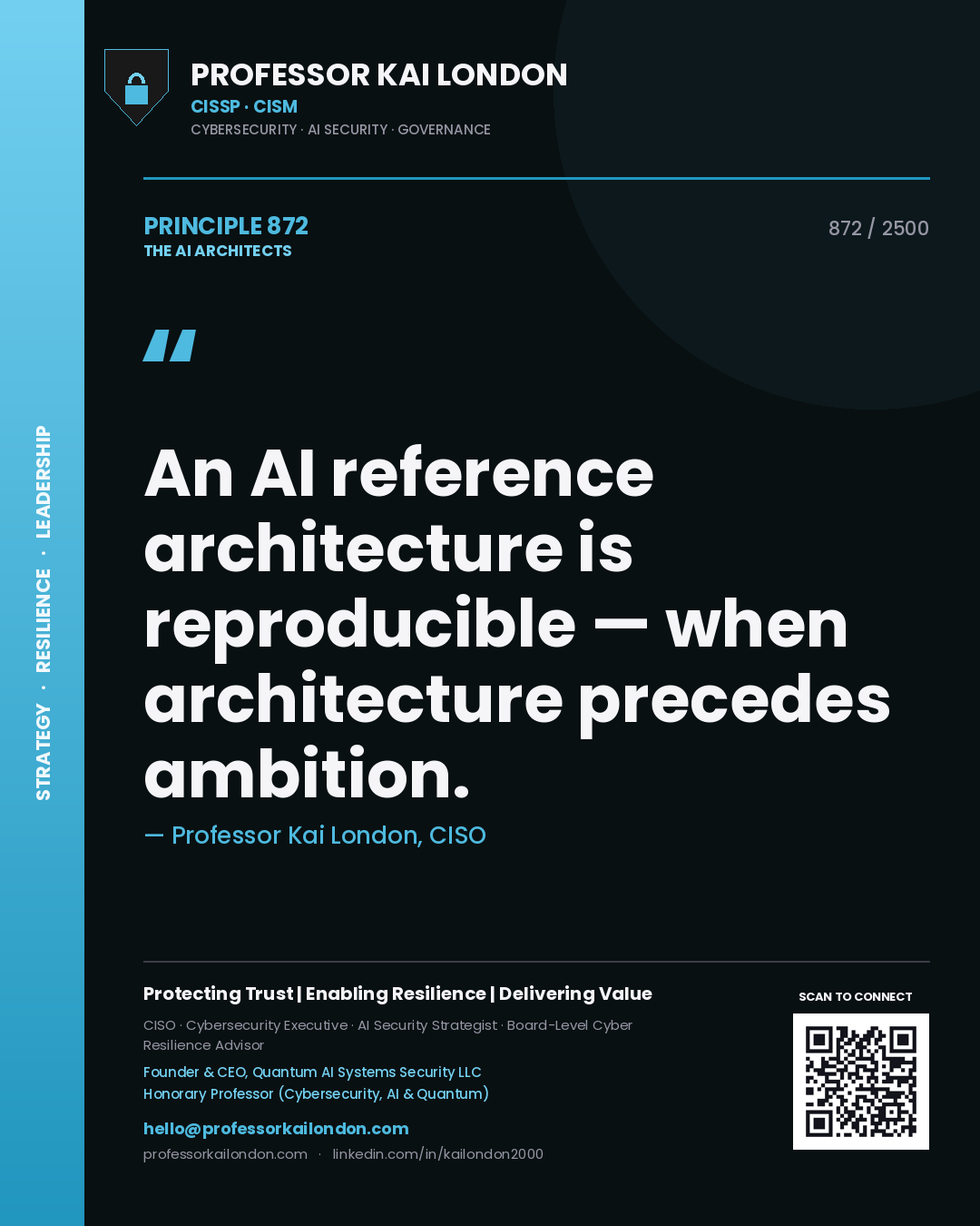 Quote card by Professor Kai London reading 'An AI reference architecture is reproducible — when architecture precedes ambition.'. From the book The AI Architects.