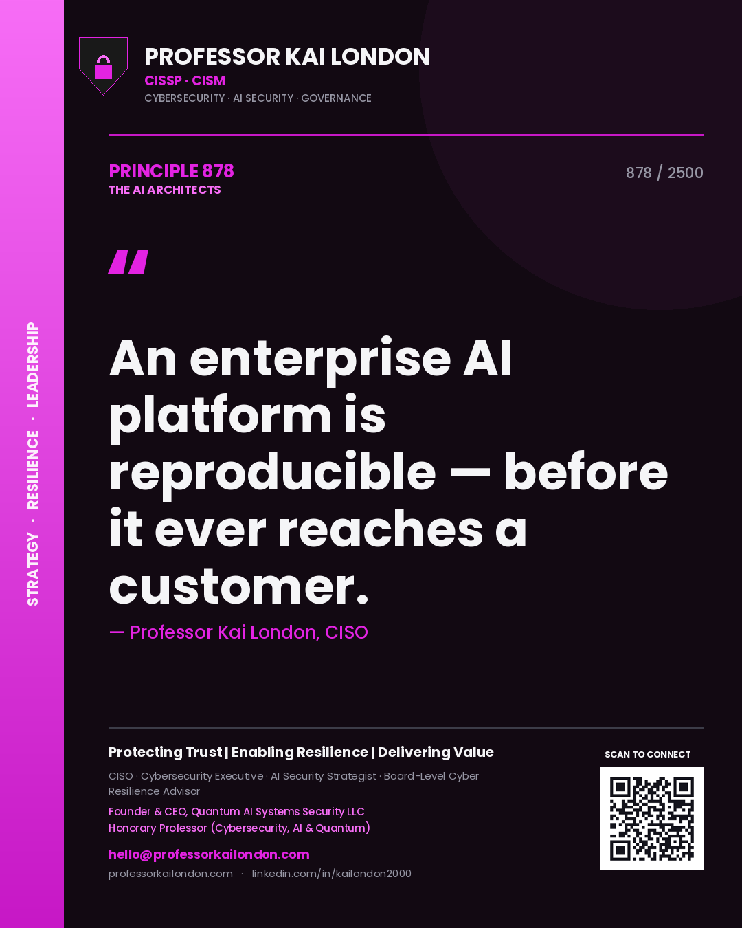 Professor Kai London principle 878: An enterprise AI platform is reproducible — before it ever reaches a customer.