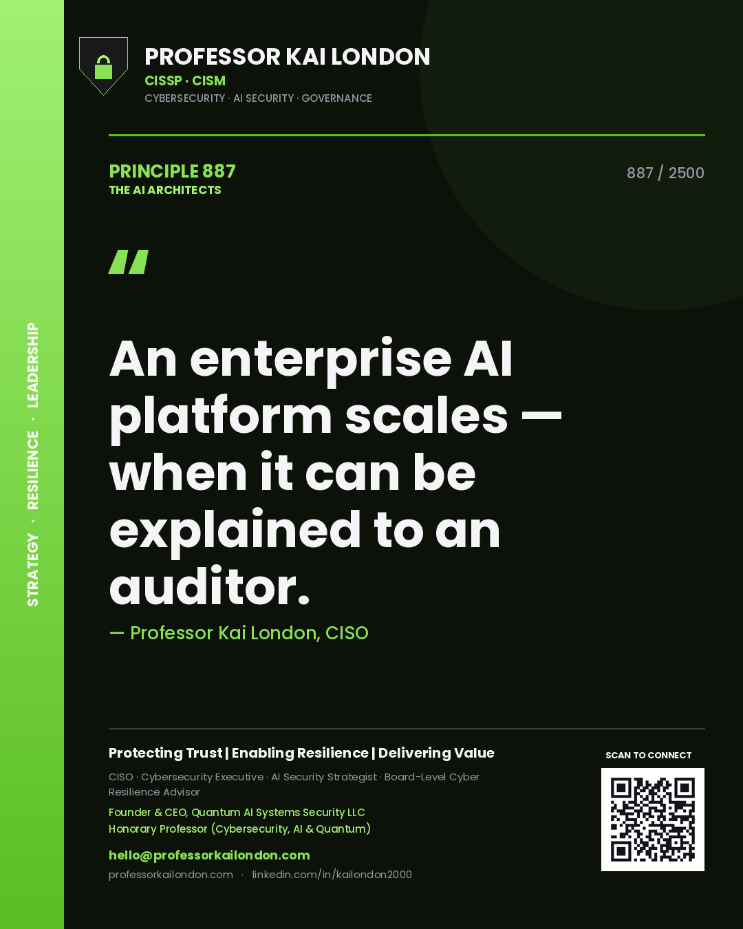 Quote card by Professor Kai London reading 'An enterprise AI platform scales — when it can be explained to an auditor.'. From the book The AI Architects.