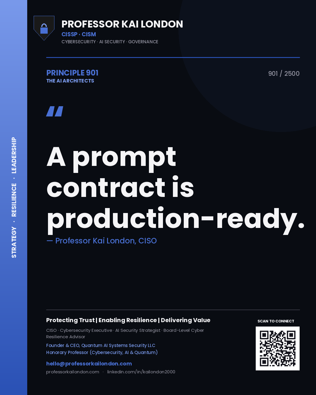 Quote card by Professor Kai London reading 'A prompt contract is production-ready.'. From the book The AI Architects.