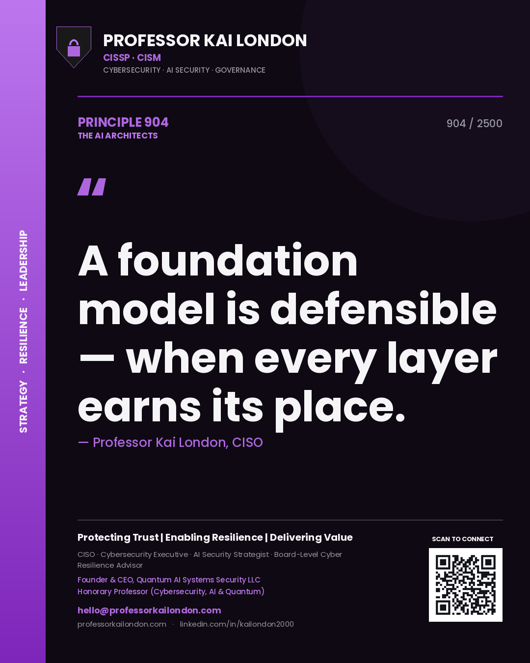 Professor Kai London principle 904: A foundation model is defensible — when every layer earns its place.