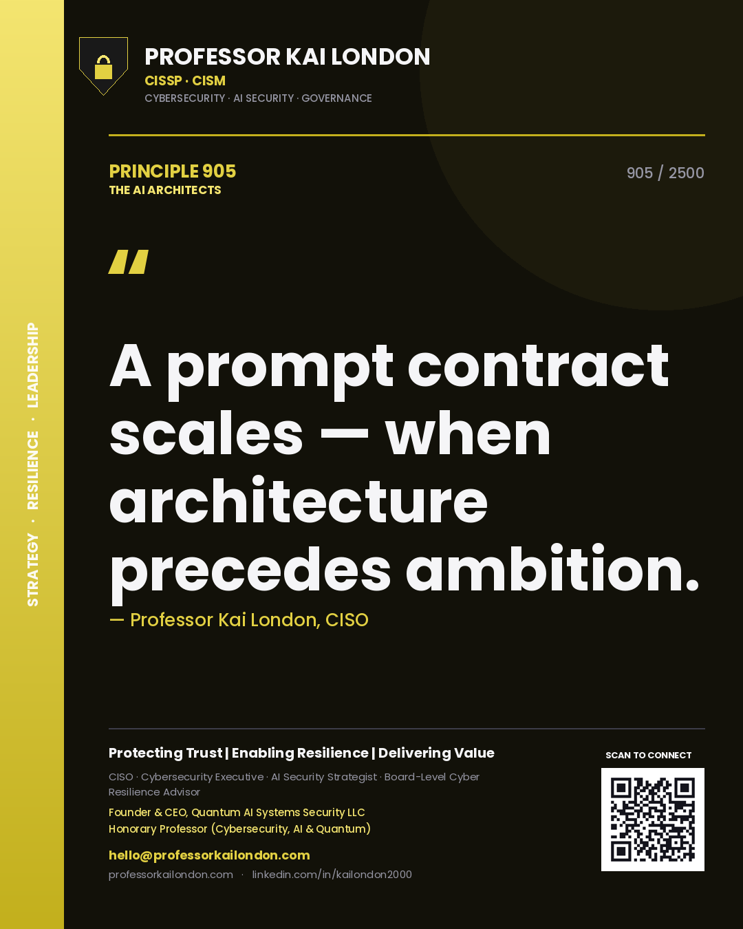 Quote card by Professor Kai London reading 'A prompt contract scales — when architecture precedes ambition.'. From the book The AI Architects.