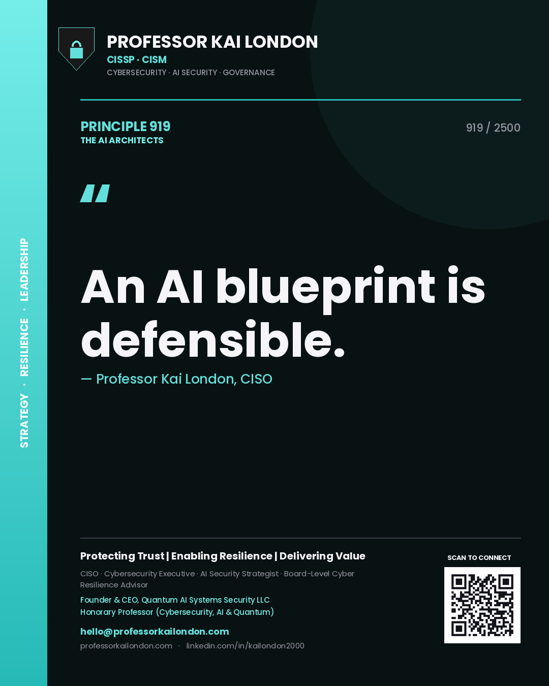 Quote card by Professor Kai London reading 'An AI blueprint is defensible.'. From the book The AI Architects.