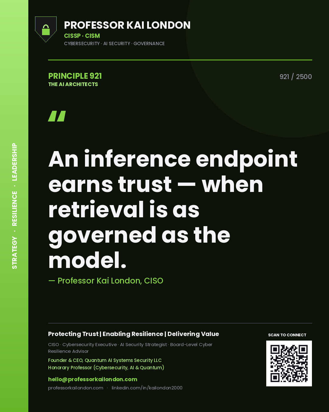 Quote card by Professor Kai London reading 'An inference endpoint earns trust — when retrieval is as governed as the model.'. From the book The AI Architects.