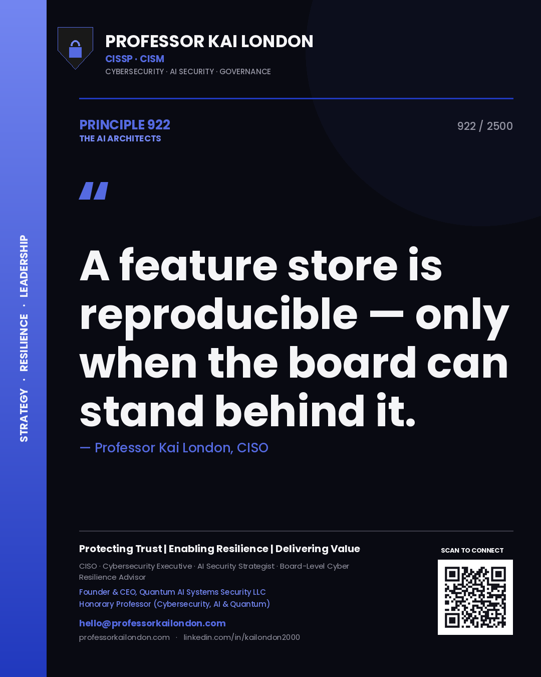 Quote card by Professor Kai London reading 'A feature store is reproducible — only when the board can stand behind it.'. From the book The AI Architects.