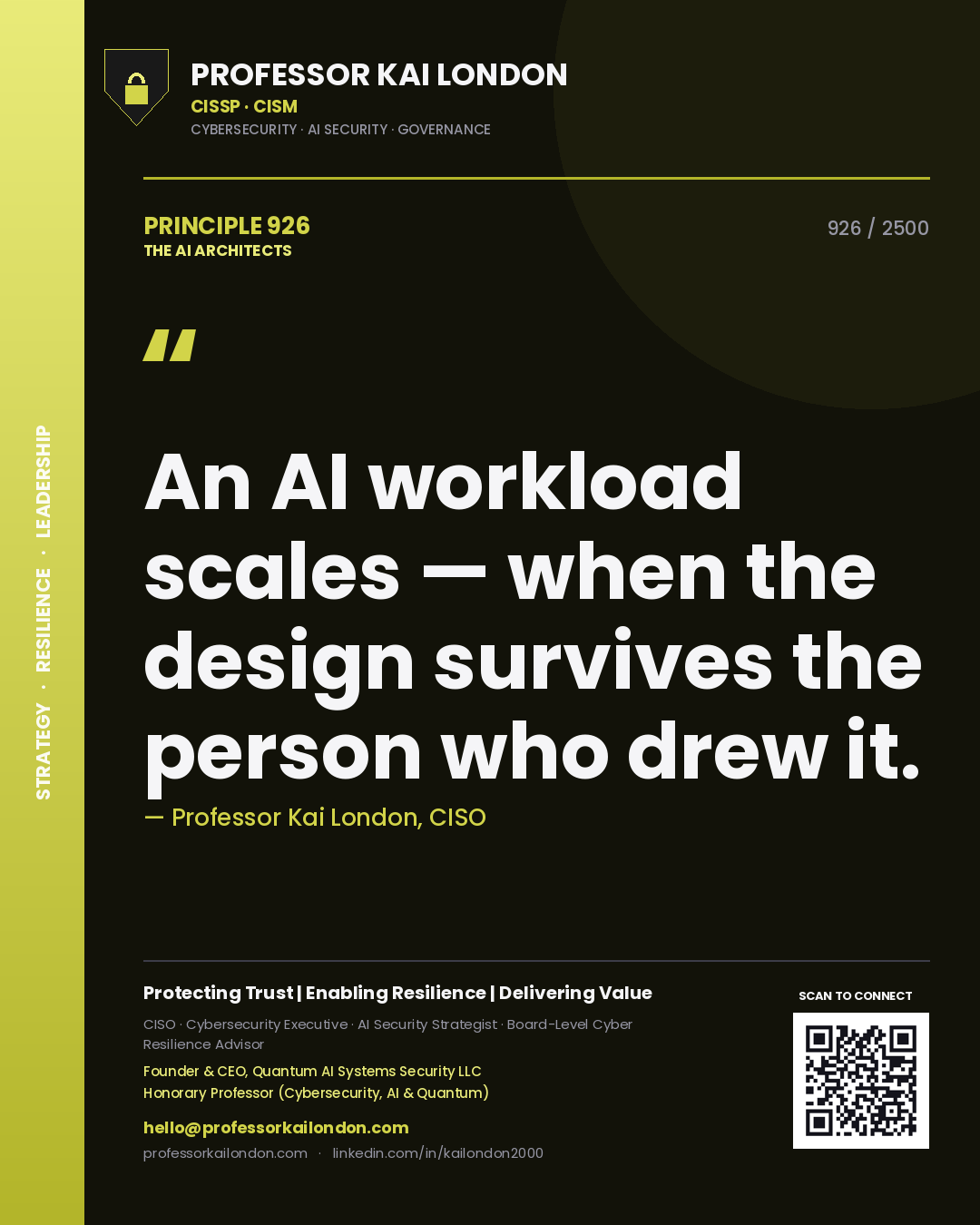 Quote card by Professor Kai London reading 'An AI workload scales — when the design survives the person who drew it.'. From the book The AI Architects.