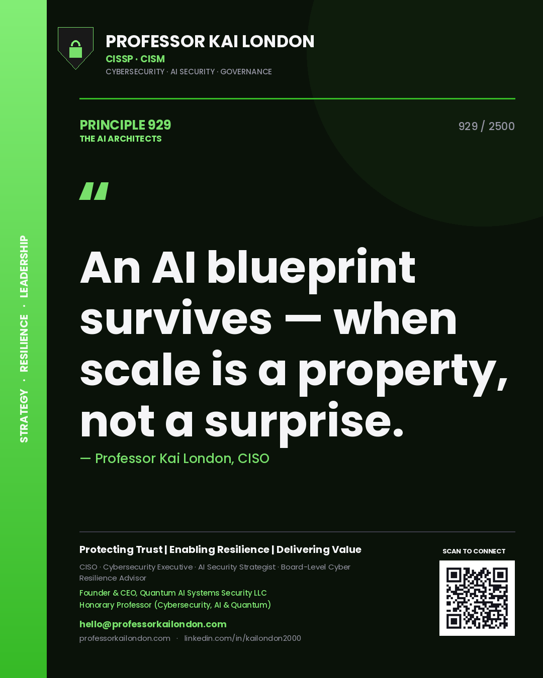 Professor Kai London principle 929: An AI blueprint survives — when scale is a property, not a surprise.