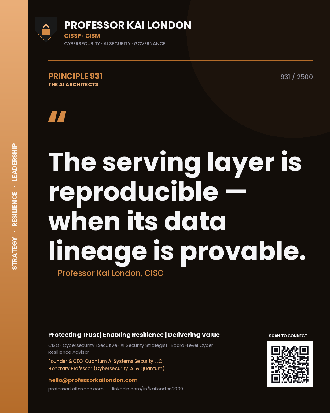 Professor Kai London principle 931: The serving layer is reproducible — when its data lineage is provable.