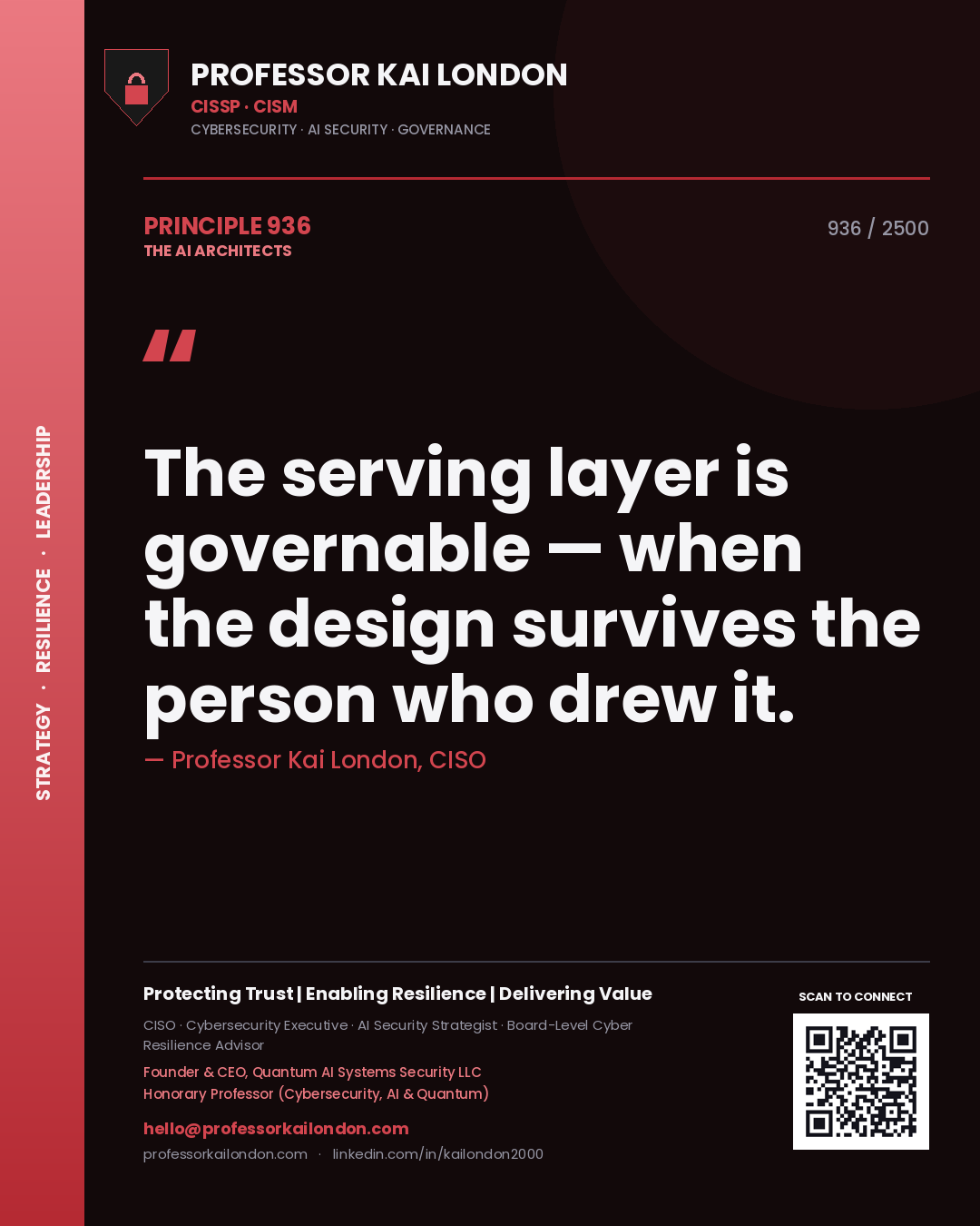 Quote card by Professor Kai London reading 'The serving layer is governable — when the design survives the person who drew it.'. From the book The AI Architects.