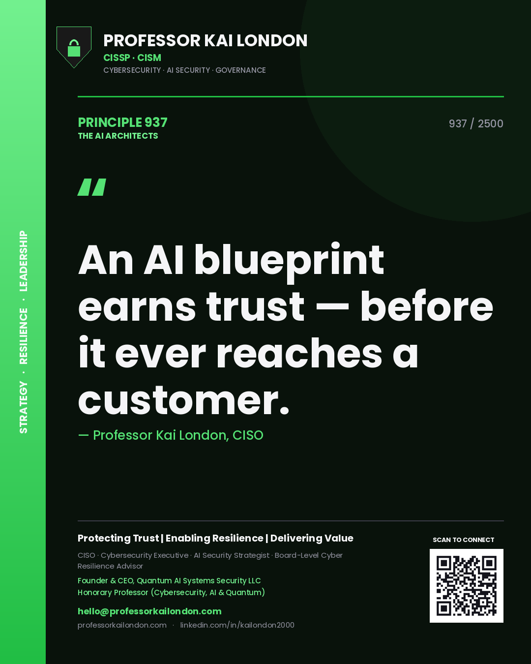 Quote card by Professor Kai London reading 'An AI blueprint earns trust — before it ever reaches a customer.'. From the book The AI Architects.