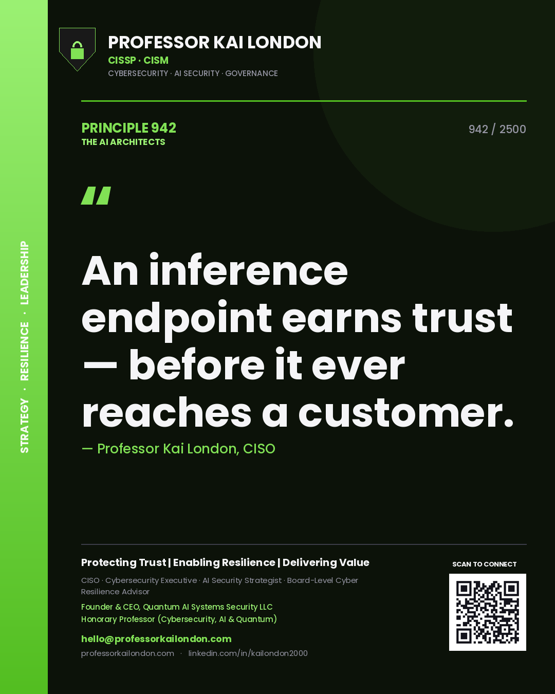 Quote card by Professor Kai London reading 'An inference endpoint earns trust — before it ever reaches a customer.'. From the book The AI Architects.