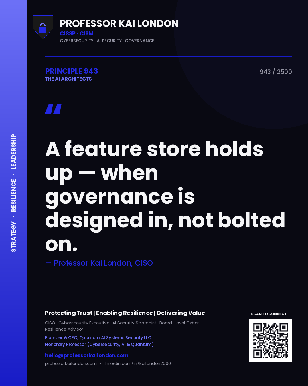 Quote card by Professor Kai London reading 'A feature store holds up — when governance is designed in, not bolted on.'. From the book The AI Architects.