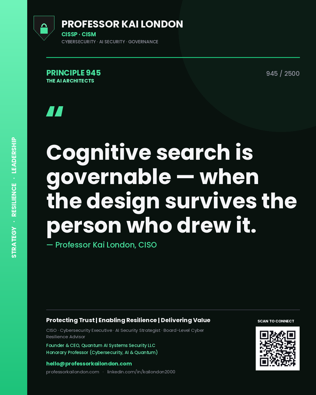 Quote card by Professor Kai London reading 'Cognitive search is governable — when the design survives the person who drew it.'. From the book The AI Architects.