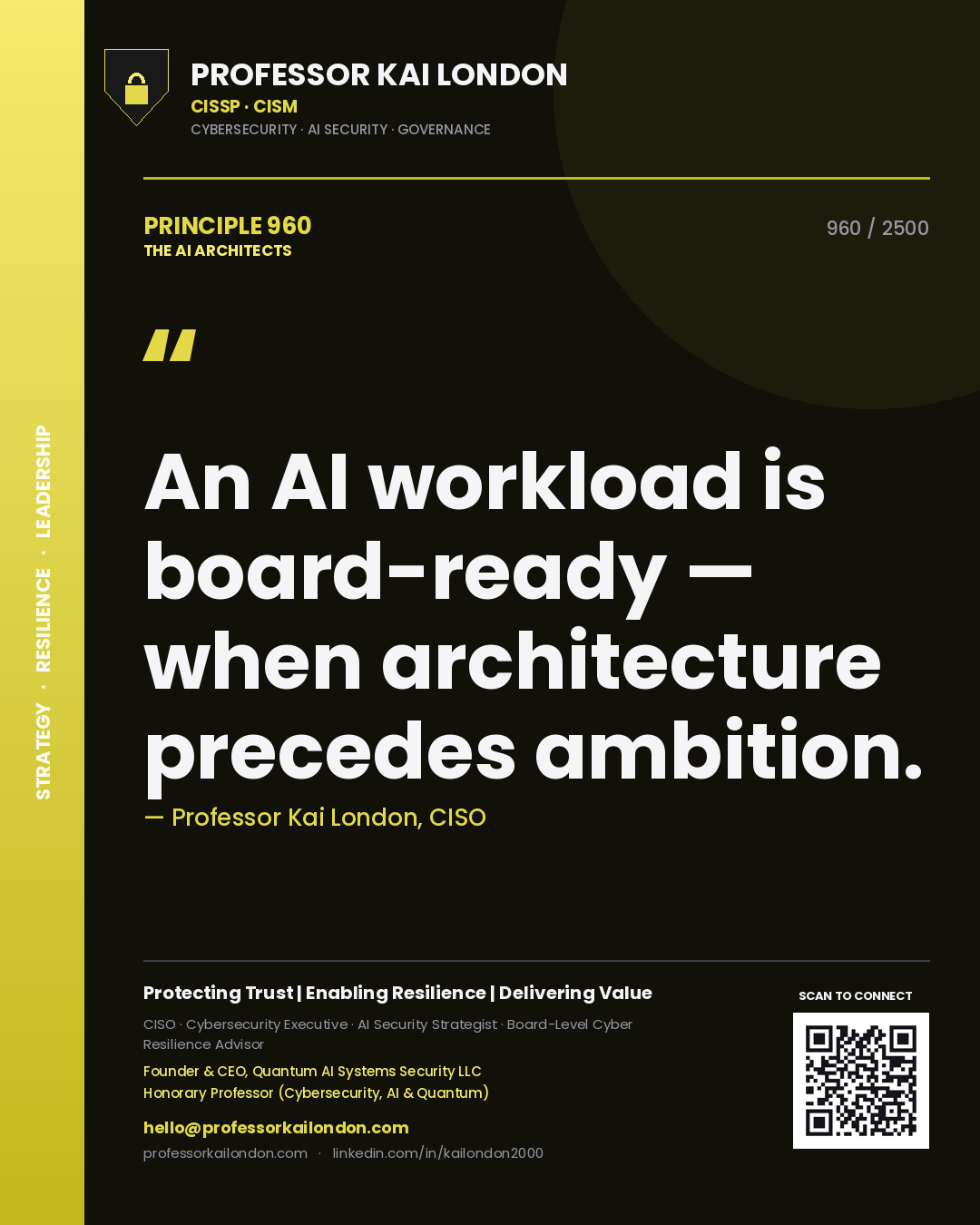 Quote card by Professor Kai London reading 'An AI workload is board-ready — when architecture precedes ambition.'. From the book The AI Architects.