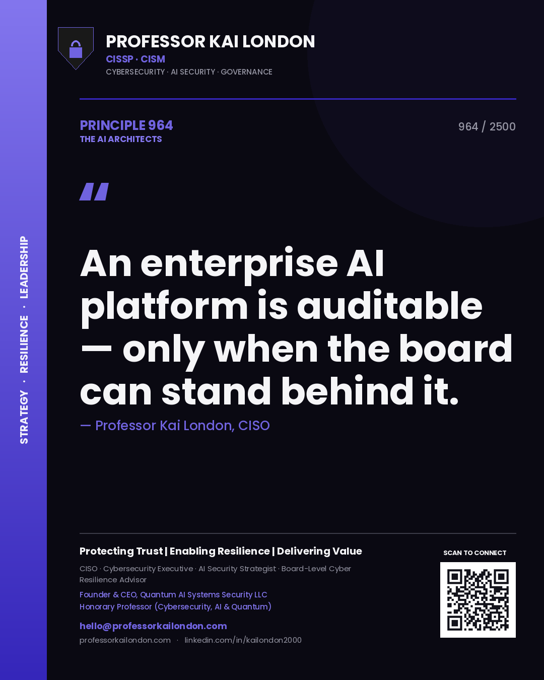 Quote card by Professor Kai London reading 'An enterprise AI platform is auditable — only when the board can stand behind it.'. From the book The AI Architects.