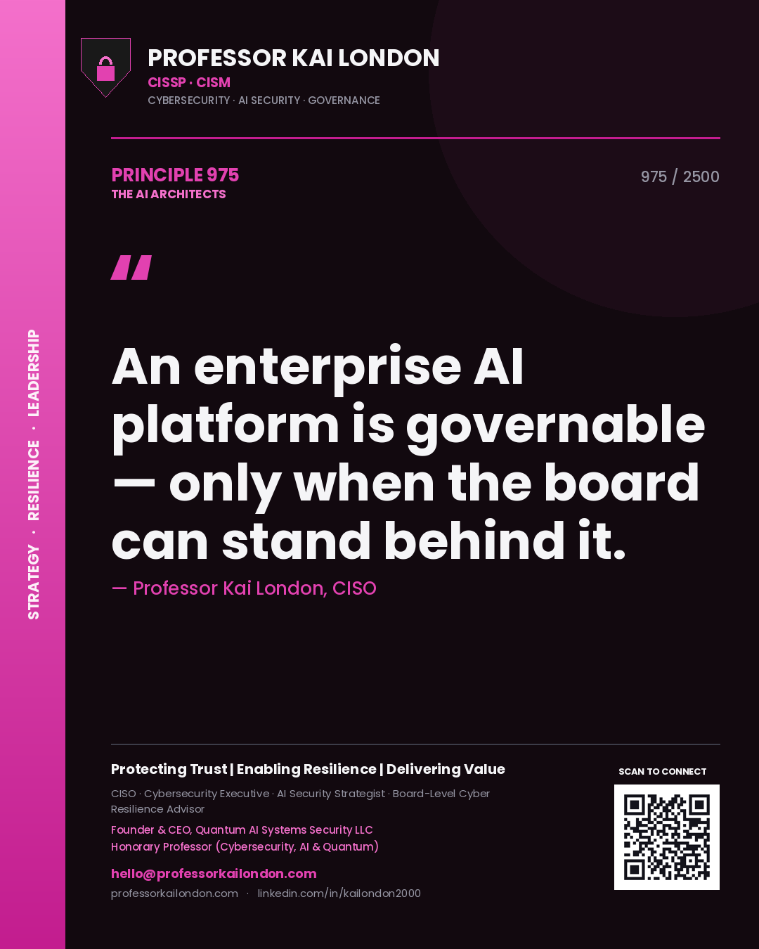 Quote card by Professor Kai London reading 'An enterprise AI platform is governable — only when the board can stand behind it.'. From the book The AI Architects.