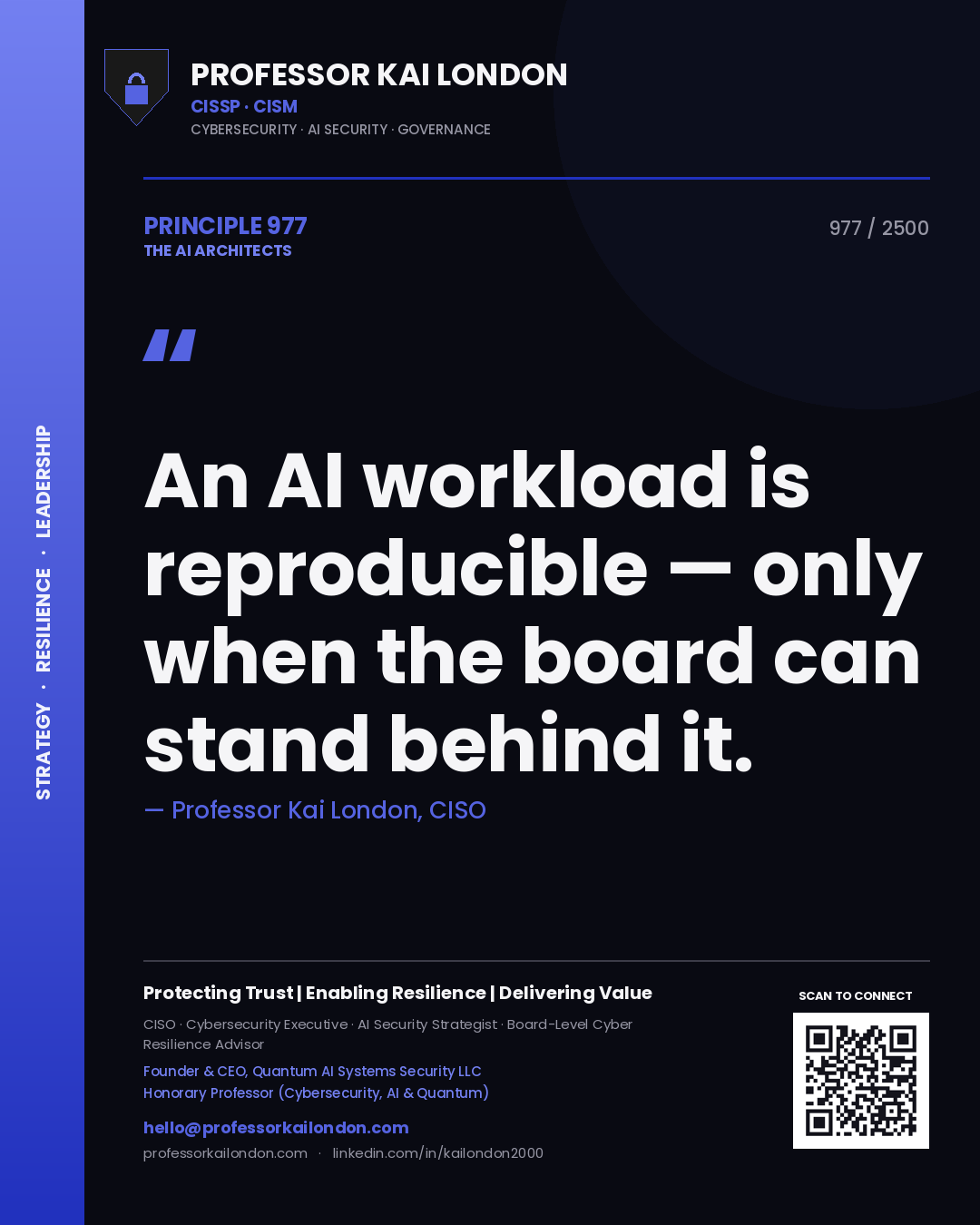 Professor Kai London principle 977: An AI workload is reproducible — only when the board can stand behind it.