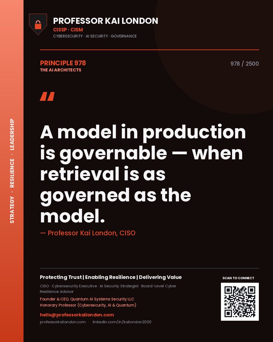Quote card by Professor Kai London reading 'A model in production is governable — when retrieval is as governed as the model.'. From the book The AI Architects.