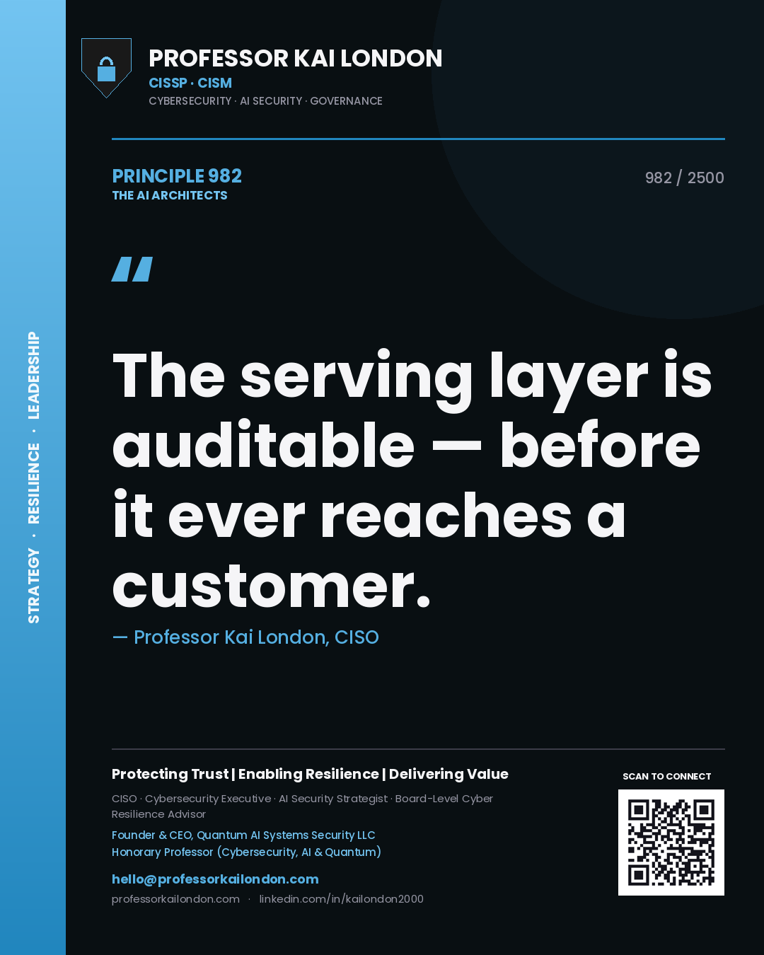 Quote card by Professor Kai London reading 'The serving layer is auditable — before it ever reaches a customer.'. From the book The AI Architects.