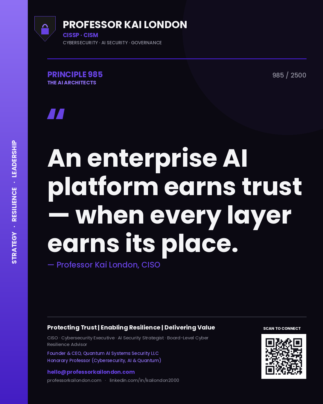 Quote card by Professor Kai London reading 'An enterprise AI platform earns trust — when every layer earns its place.'. From the book The AI Architects.