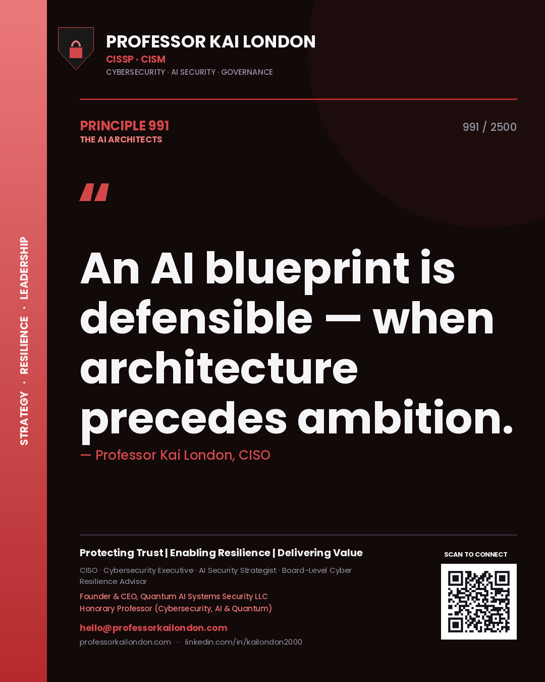 Quote card by Professor Kai London reading 'An AI blueprint is defensible — when architecture precedes ambition.'. From the book The AI Architects.