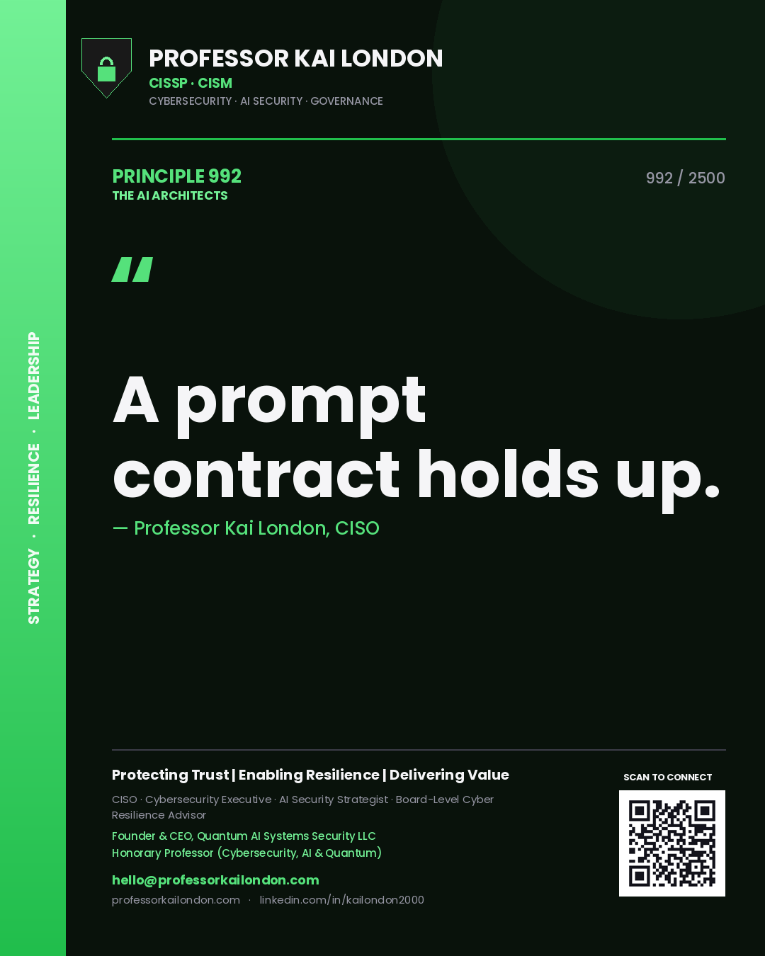 Quote card by Professor Kai London reading 'A prompt contract holds up.'. From the book The AI Architects.