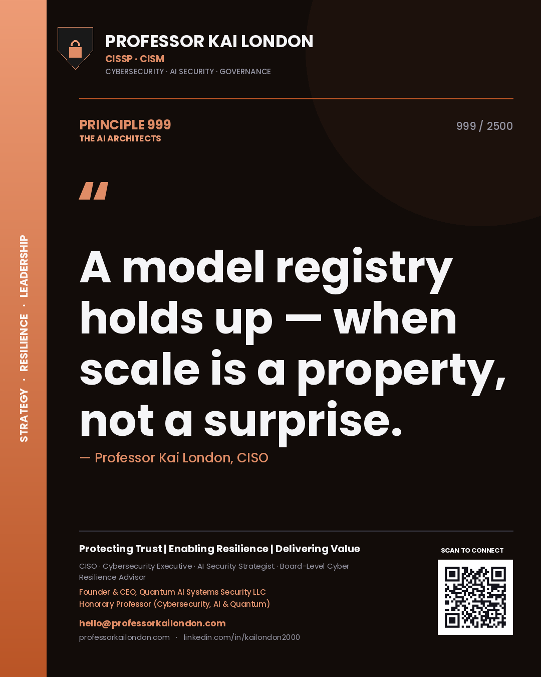 Quote card by Professor Kai London reading 'A model registry holds up — when scale is a property, not a surprise.'. From the book The AI Architects.