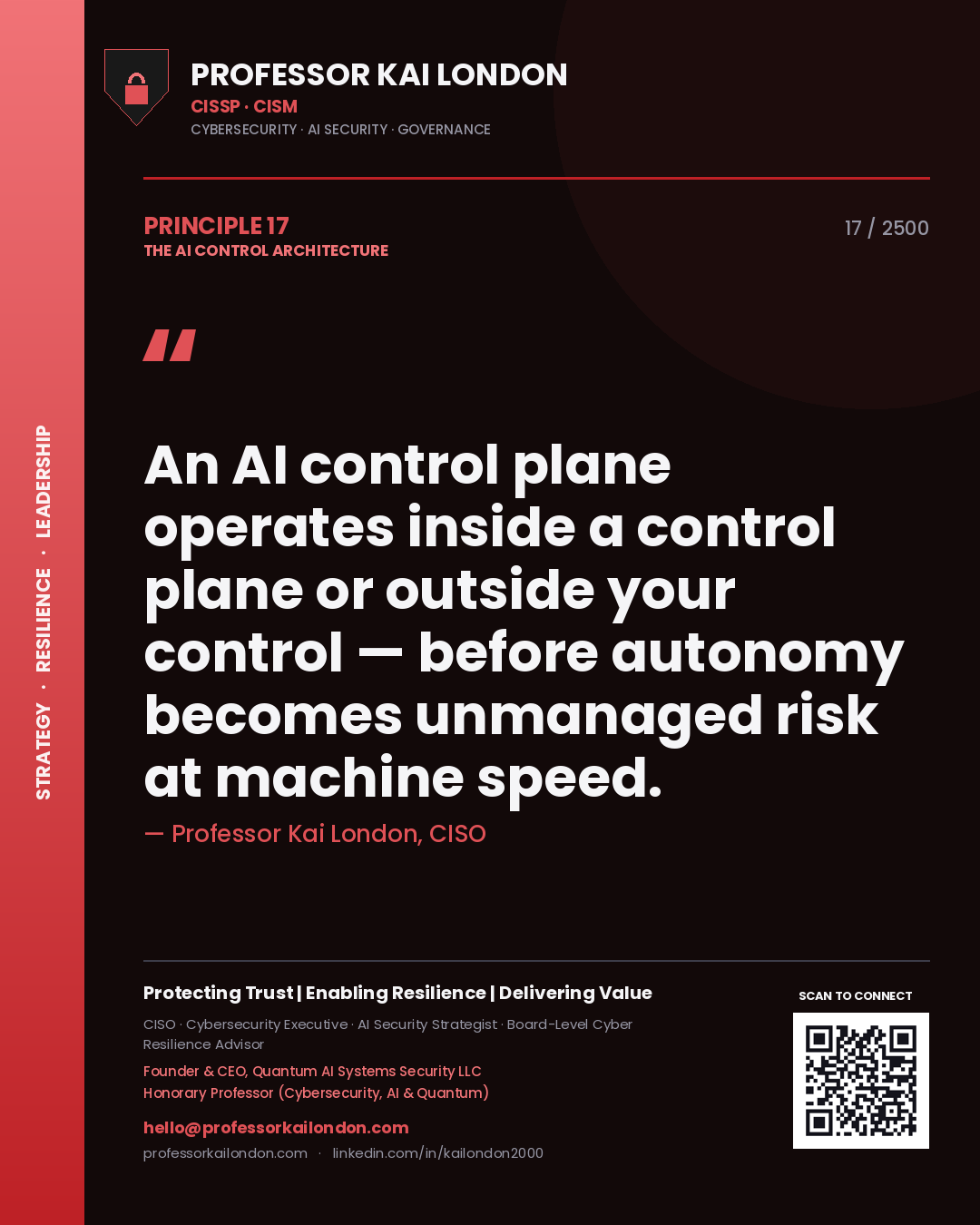 Professor Kai London principle 17: An AI control plane operates inside a control plane or outside your control — before autonomy becomes unmanaged risk at machine speed.