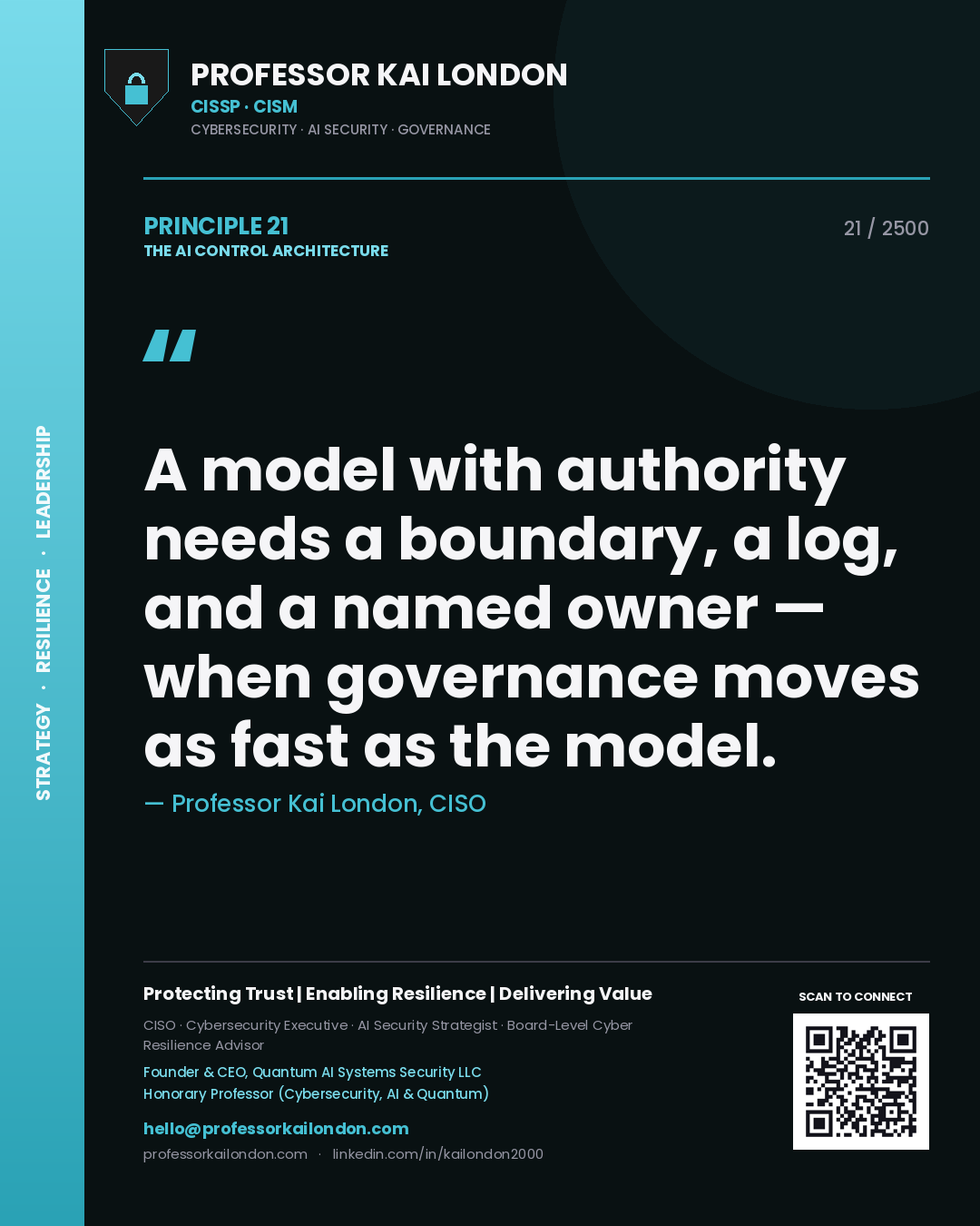 Quote card by Professor Kai London reading 'A model with authority needs a boundary, a log, and a named owner — when governance moves as fast as the model.'. From the book The AI Control Architecture.