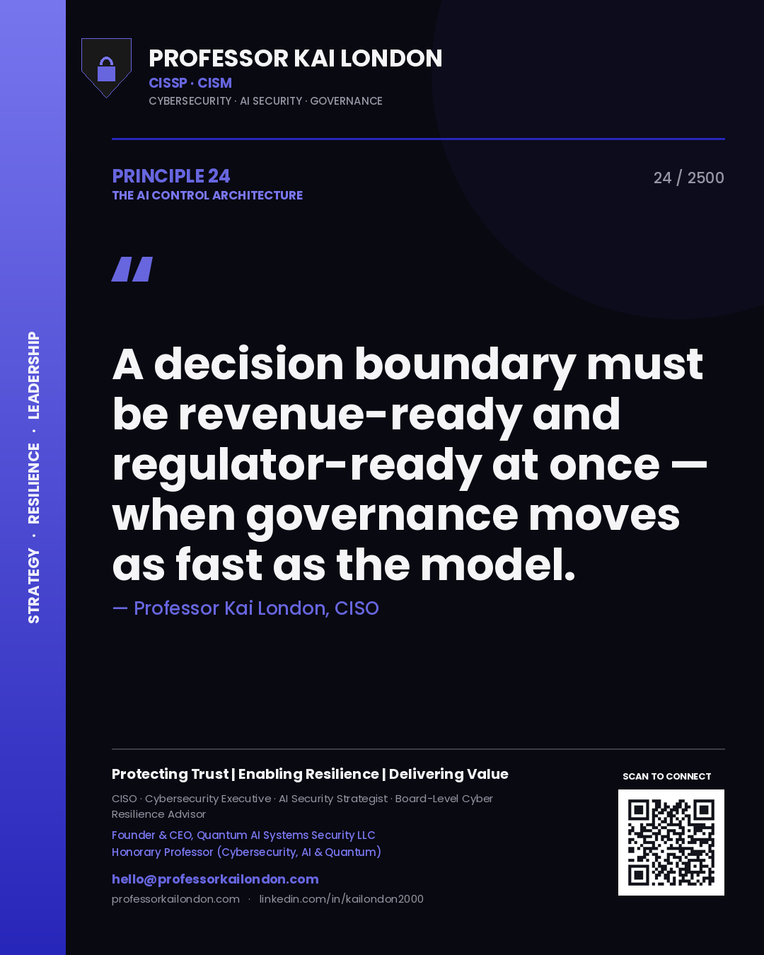 Quote card by Professor Kai London reading 'A decision boundary must be revenue-ready and regulator-ready at once — when governance moves as fast as the model.'. From the book The AI Control Architecture.