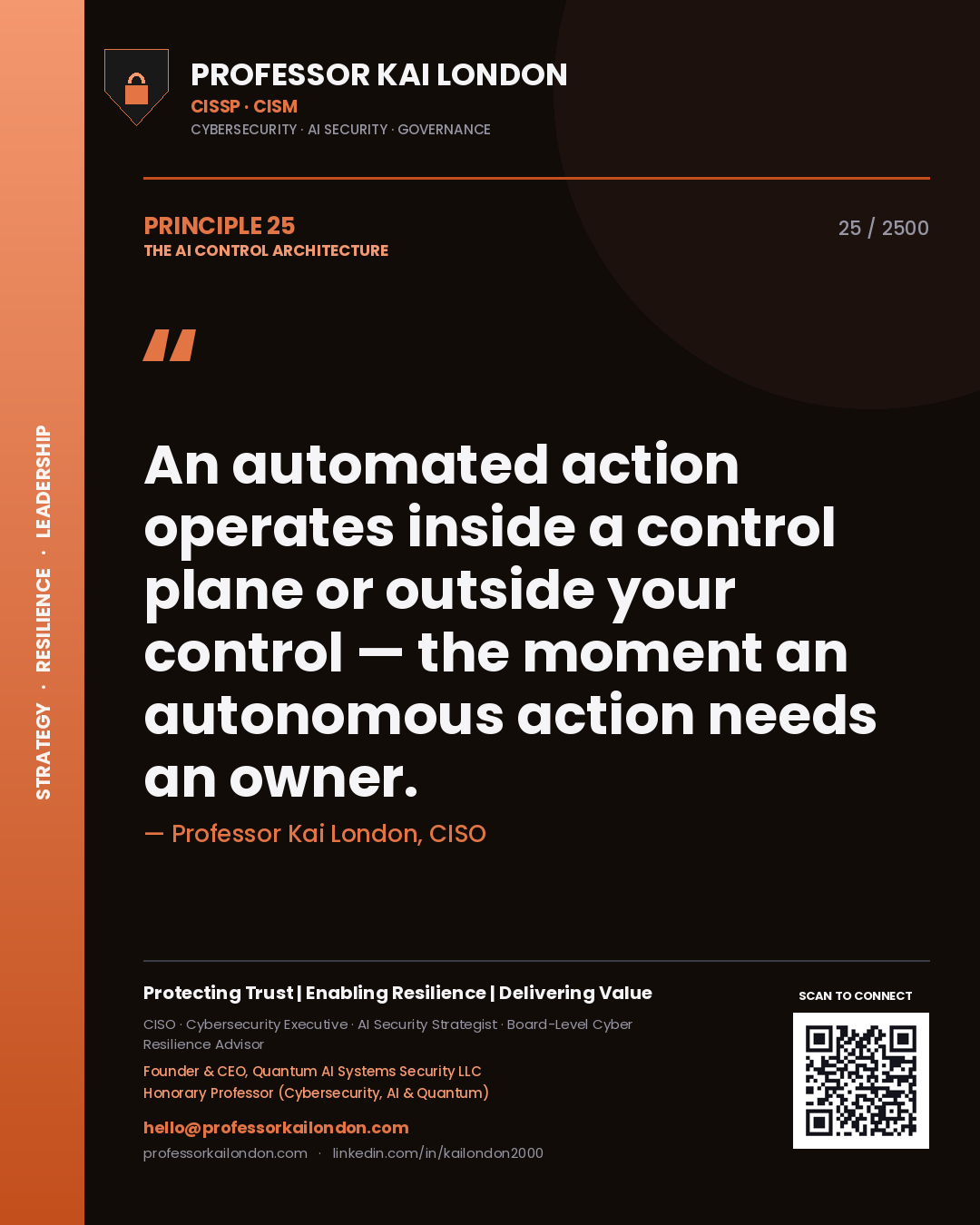Professor Kai London principle 25: An automated action operates inside a control plane or outside your control — the moment an autonomous action needs an owner.