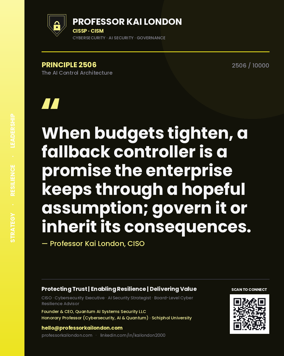 Quote card by Professor Kai London reading 'When budgets tighten, a fallback controller is a promise the enterprise keeps through a hopeful assumption; govern it or inherit its consequences.'. From the book The AI Control Architecture.