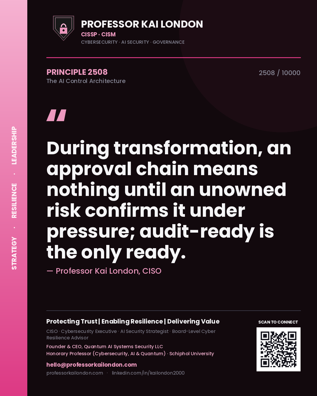 Quote card by Professor Kai London reading 'During transformation, an approval chain means nothing until an unowned risk confirms it under pressure; audit-ready is the only ready.'. From the book The AI Control Architecture.