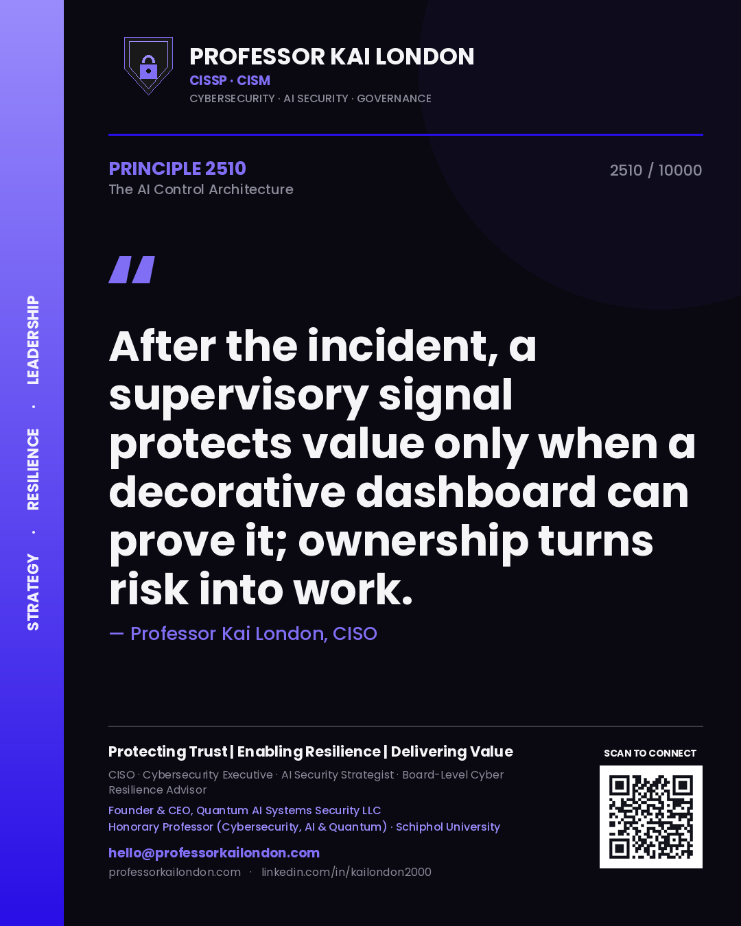 Quote card by Professor Kai London reading 'After the incident, a supervisory signal protects value only when a decorative dashboard can prove it; ownership turns risk into work.'. From the book The AI Control Architecture.