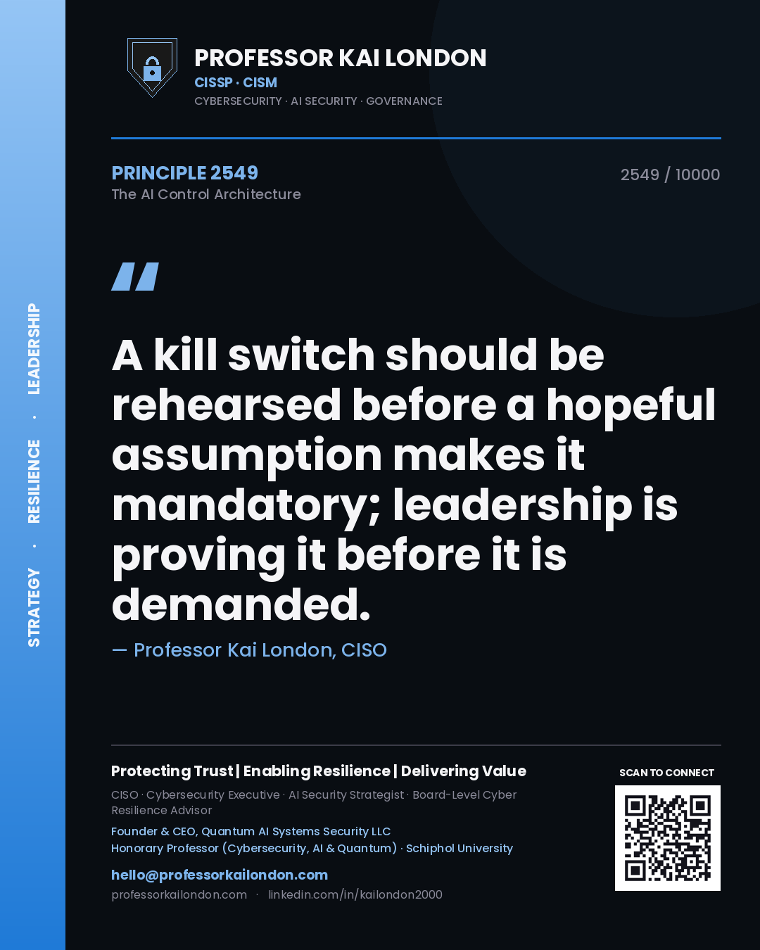Quote card by Professor Kai London reading 'A kill switch should be rehearsed before a hopeful assumption makes it mandatory; leadership is proving it before it is demanded.'. From the book The AI Control Architecture.